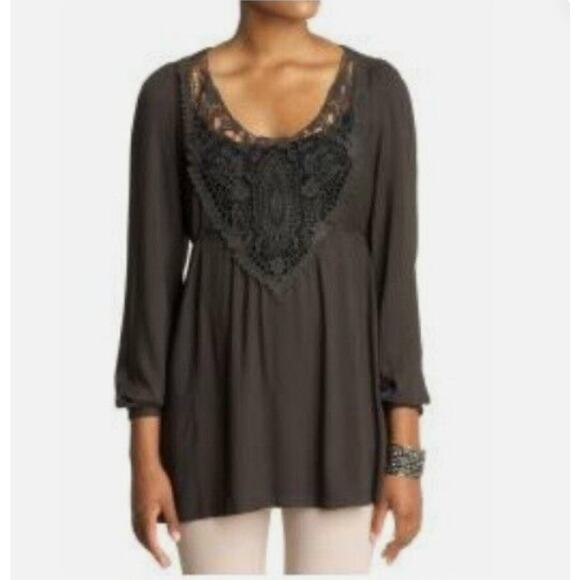 Anthropologie Tops - ANTHROPOLOGIE HAZEL Women’s Open Crochet Empire Waist Brown Tunic